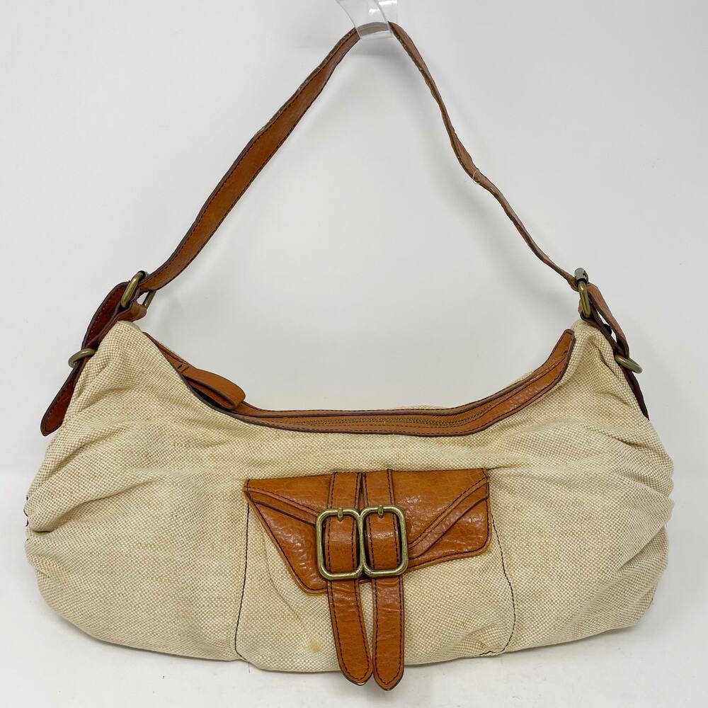 Jessica Simpson Y2K Linen & Faux Leather Baguette Bag